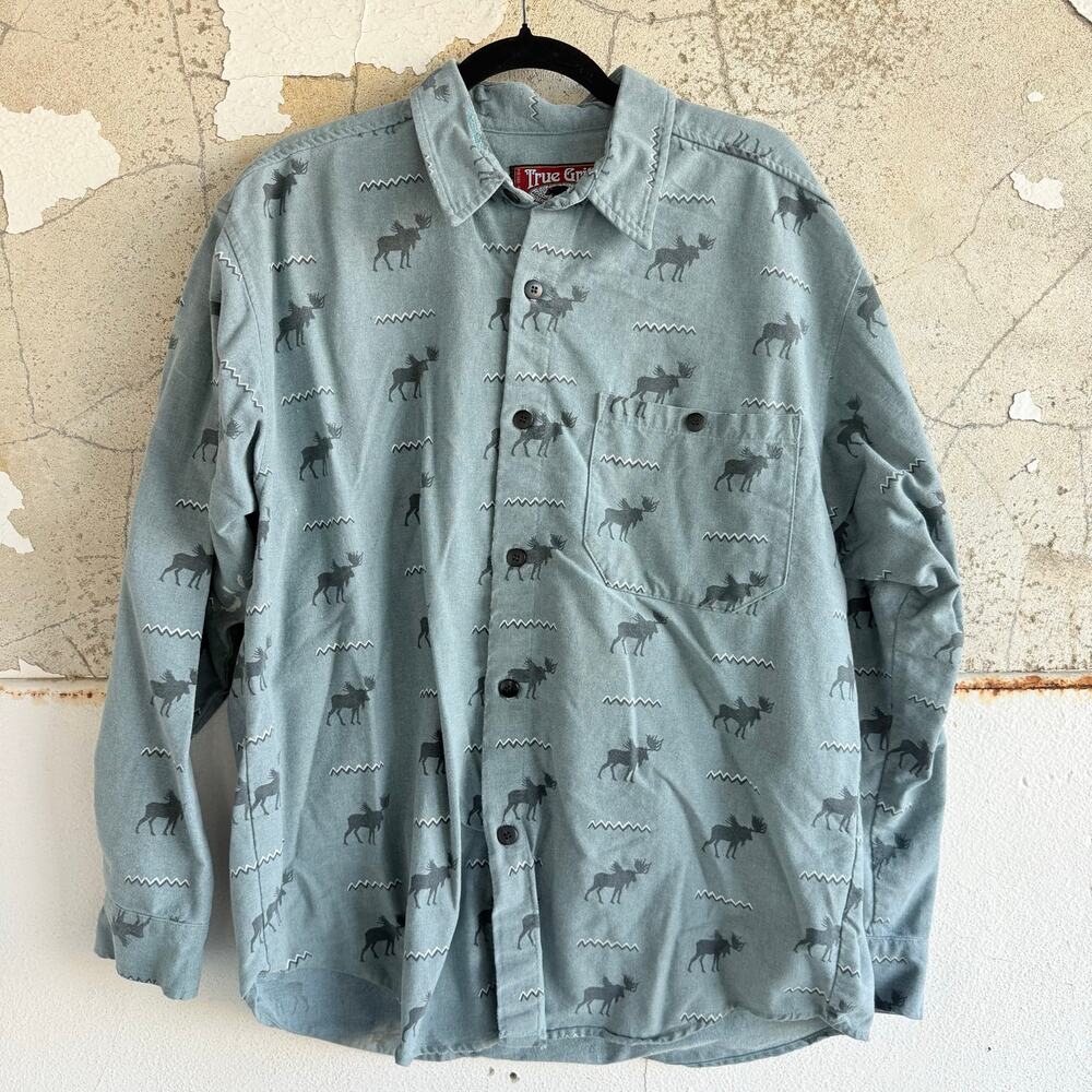 Vtg Flannel Shirt Moose Print Fleece Button Down True Grit USA 90s Outdoor Cabin